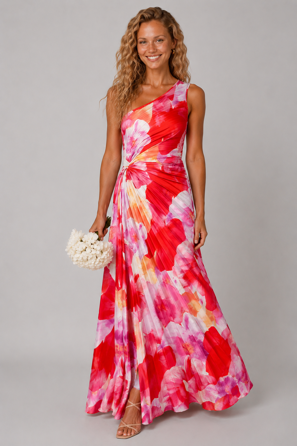 Lunoria | One-Shoulder Bloemen Maxijurk met Plissé Details