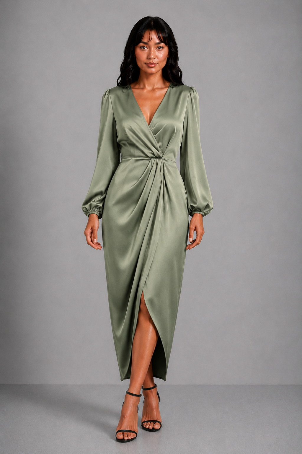 Lunoria | Elegante Wikkel Midi Jurk met V-Hals en Tailleceintuur