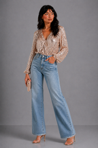 Lunoria | Glamour Blouse met Pailletten en Elegante Ballonmouwen