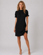 Lunoria | Zwarte Midi Jurk met Pofmouwen en Elegante Bodycon Pasvorm