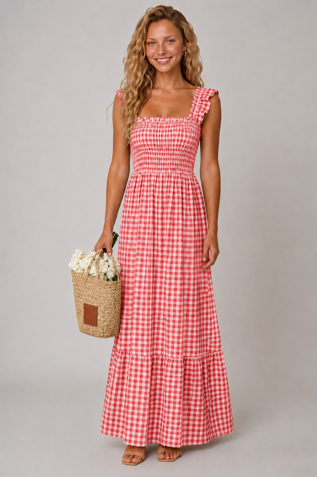 Lunoria | Maxi Jurk met Geruite Print en Tijdloze Uitstraling