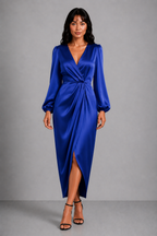 Lunoria | Elegante Wikkel Midi Jurk met V-Hals en Tailleceintuur