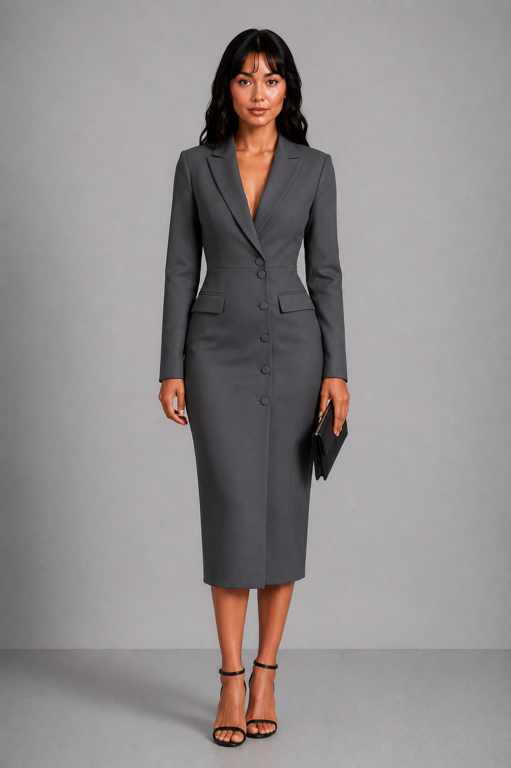 Lunoria | Elegante Midi Jurk met Blazerkraag en Tailleceintuur