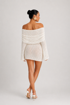 Lunoria | Off-Shoulder Gebreide Mini Jurk met Open Knit Design