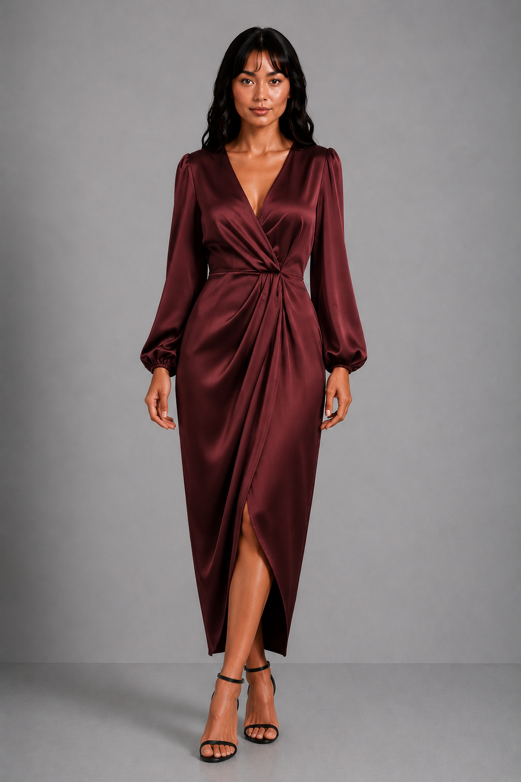Lunoria | Elegante Wikkel Midi Jurk met V-Hals en Tailleceintuur