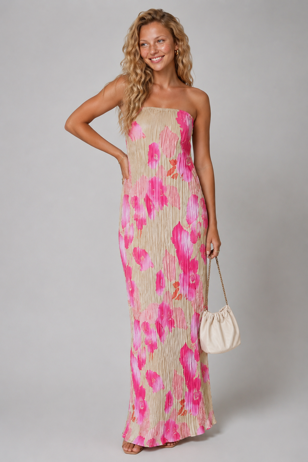 Lunoria | Strapless Plissé Maxijurk met Bloemenprint