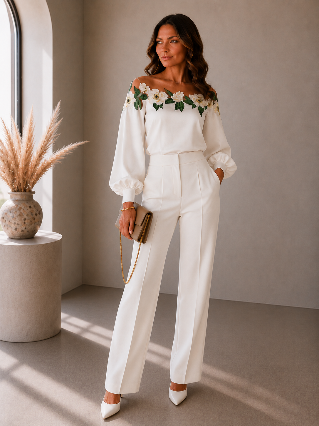 Lunoria | Off-Shoulder Blouse met Bloemenborduursel en Romantische Details