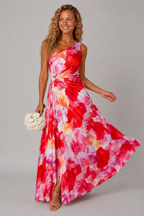 Lunoria | One-Shoulder Bloemen Maxijurk met Plissé Details