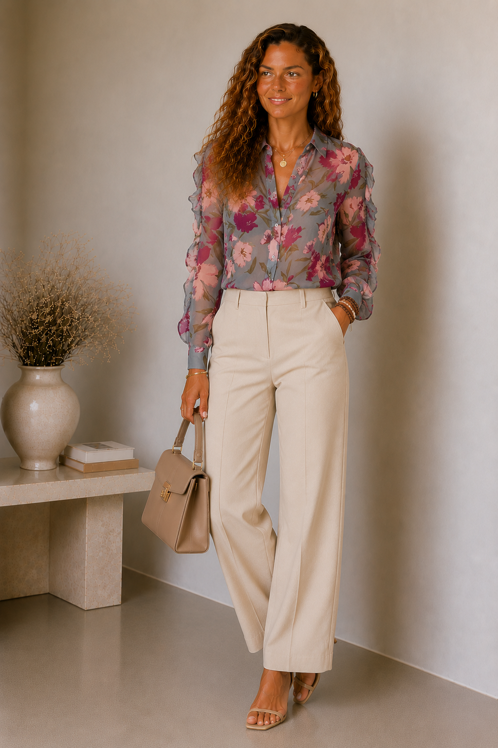 Lunoria | Bloemenprint Blouse met Transparante Mouwen