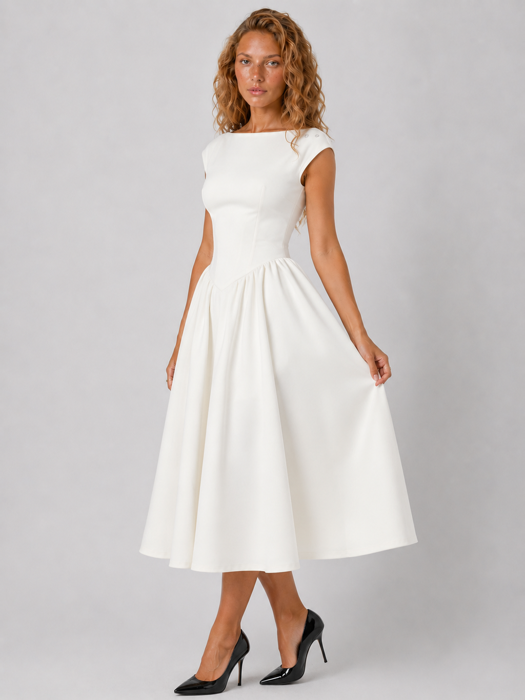Lunoria | Rugloze Midi Jurk met Ruches en Elegante Pasvorm