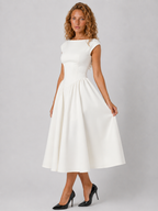 Lunoria | Rugloze Midi Jurk met Ruches en Elegante Pasvorm
