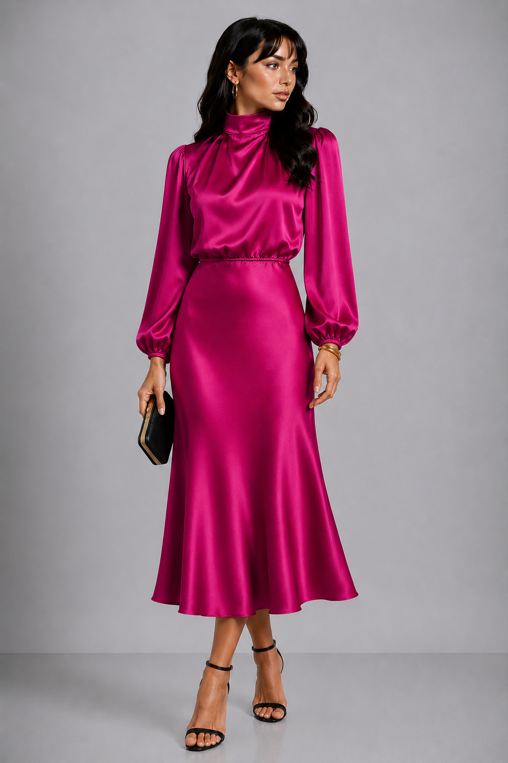 Lunoria | Midi Jurk met Hoge Hals en Elegante Pasvorm