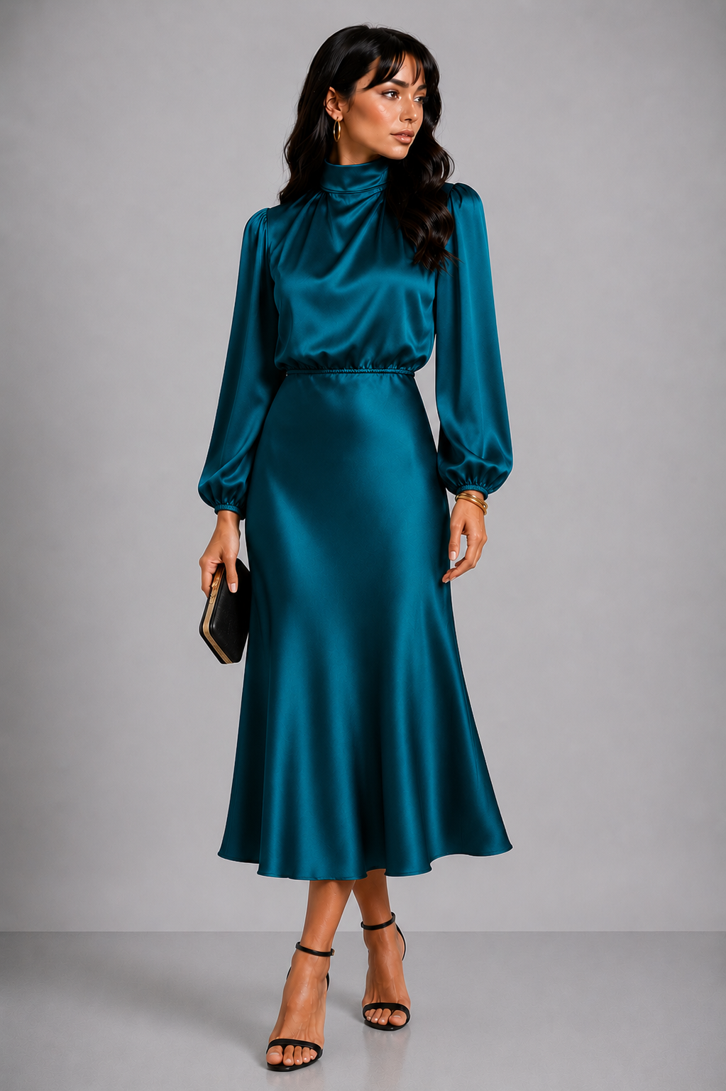 Lunoria | Midi Jurk met Hoge Hals en Elegante Pasvorm