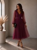 Lunoria | Elegante Tule Midi Jurk met Transparante Mouwen
