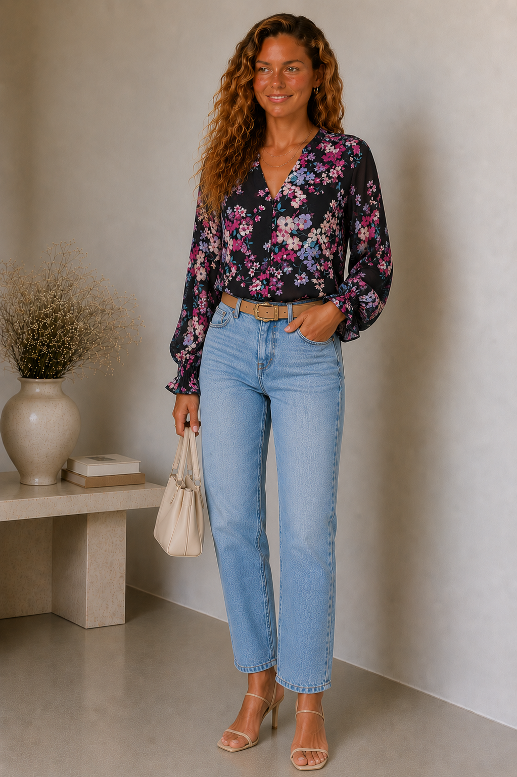 Lunoria | Bloemenprint Blouse met V-Hals en Ruchemouwen