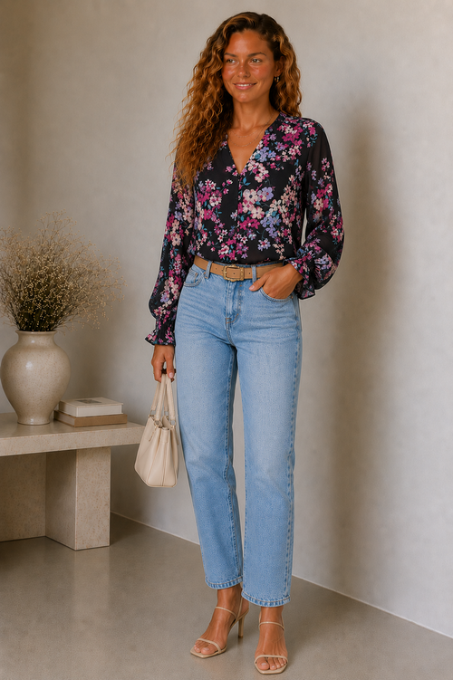 Lunoria | Bloemenprint Blouse met V-Hals en Ruchemouwen