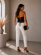 Lunoria | Strapless Kanten Top met Florale Details en Strikaccent