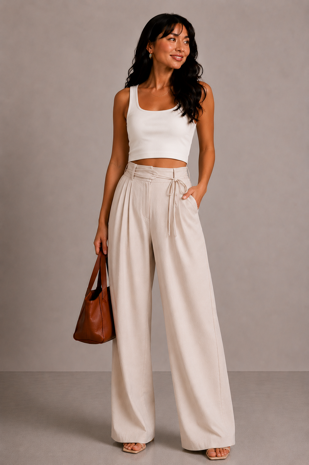 Lunoria | Wijde Broek met Taille Strik en Elegante Pasvorm