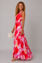 Lunoria | One-Shoulder Bloemen Maxijurk met Plissé Details