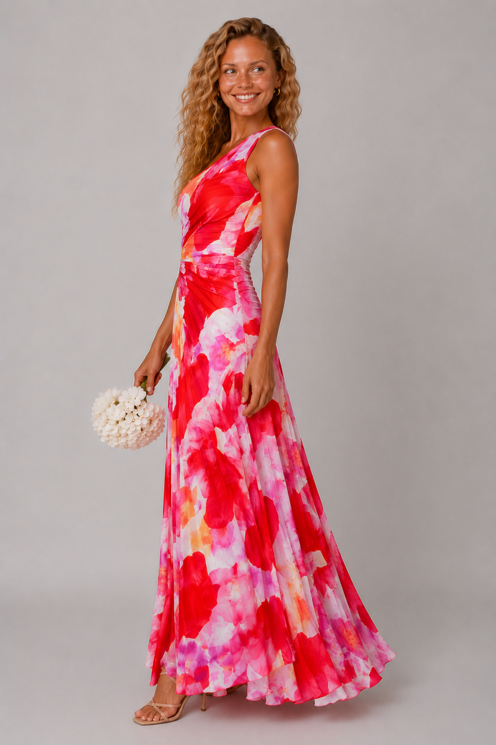 Lunoria | One-Shoulder Bloemen Maxijurk met Plissé Details