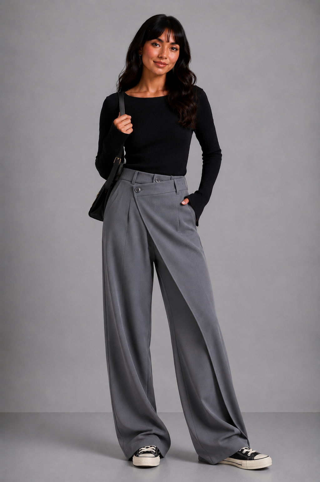 Lunoria | Wijde Broek met Elastische Taille en Elegant Overslagdetail