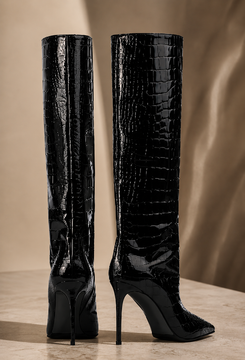 Lunoria | Croco-Leren Laarzen met Stiletto-Hak