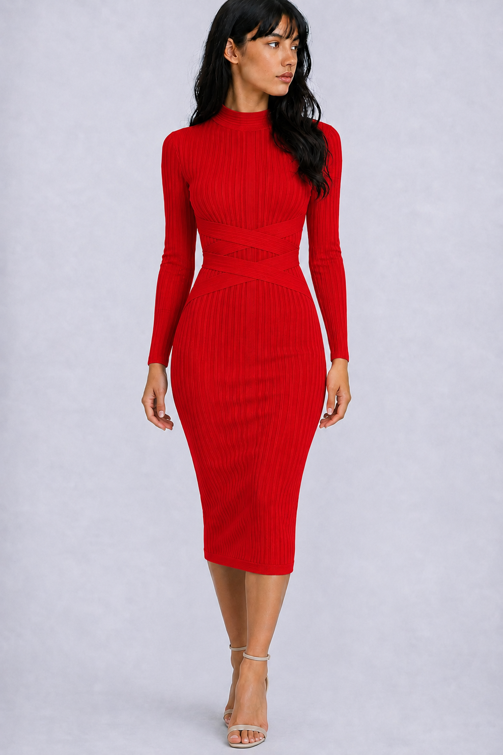 Lunoria | Elegante Midi Jurk met Opstaande Kraag en Tijdloze Pasvorm