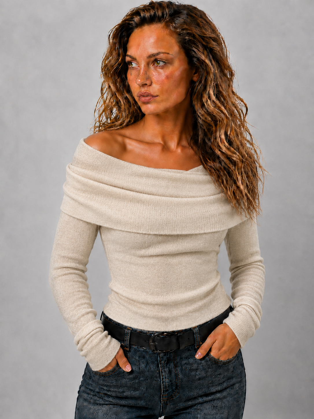 Lunoria | Off-Shoulder Gebreide Top met Lange Mouwen