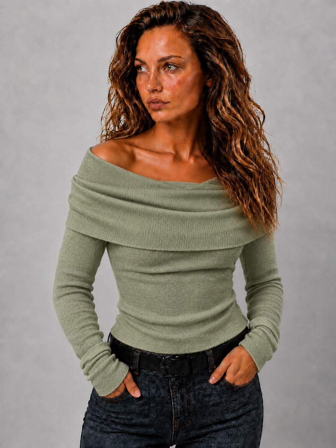 Lunoria | Off-Shoulder Gebreide Top met Lange Mouwen