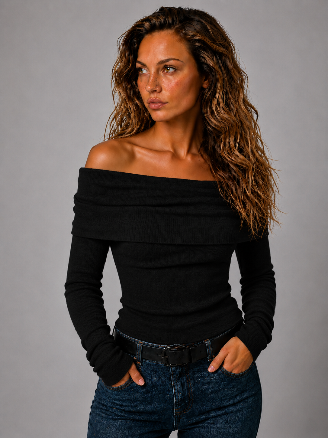 Lunoria | Off-Shoulder Gebreide Top met Lange Mouwen