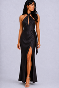 Lunoria | Satijnen Halter Maxi Jurk met Split en Elegante Pasvorm