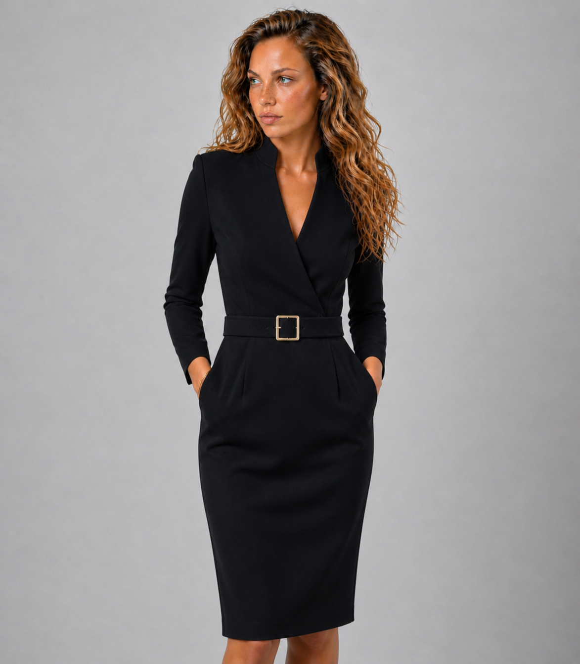 Lunoria | Midi Blazer Jurk met Ceintuur en V-Hals