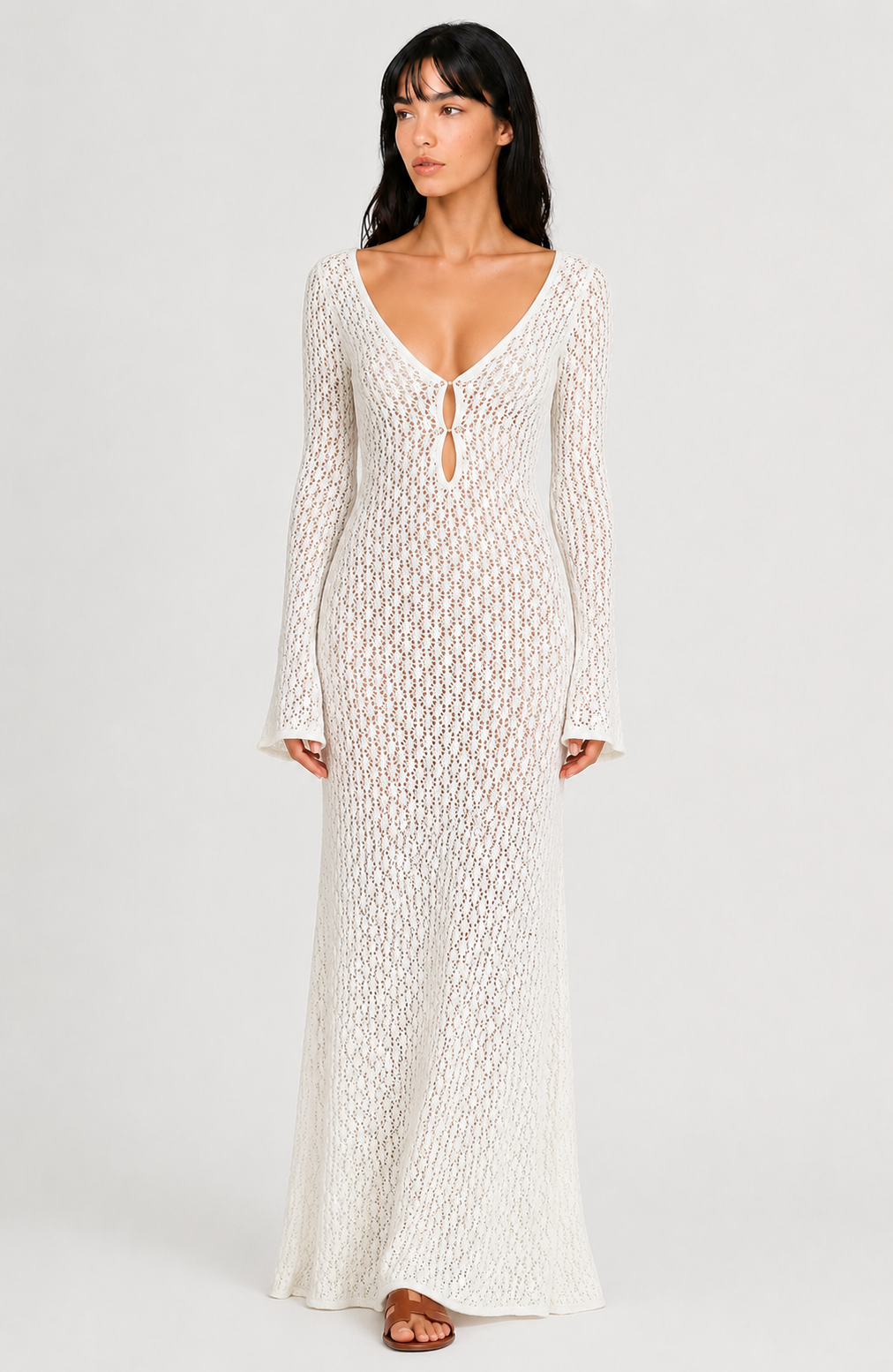 Lunoria | Gehaakte Maxi Jurk met V-Hals en Bell Sleeves