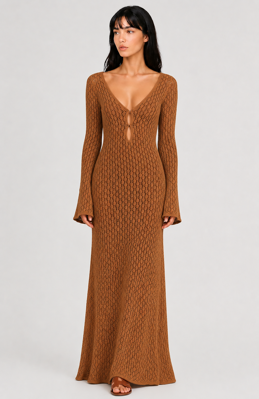 Lunoria | Gehaakte Maxi Jurk met V-Hals en Bell Sleeves