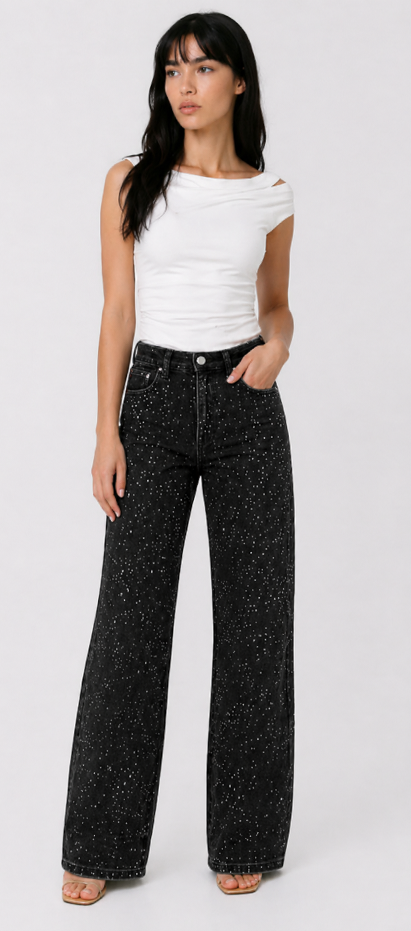 Lunoria | Rechte High-Waist Jeans met Glitter Details