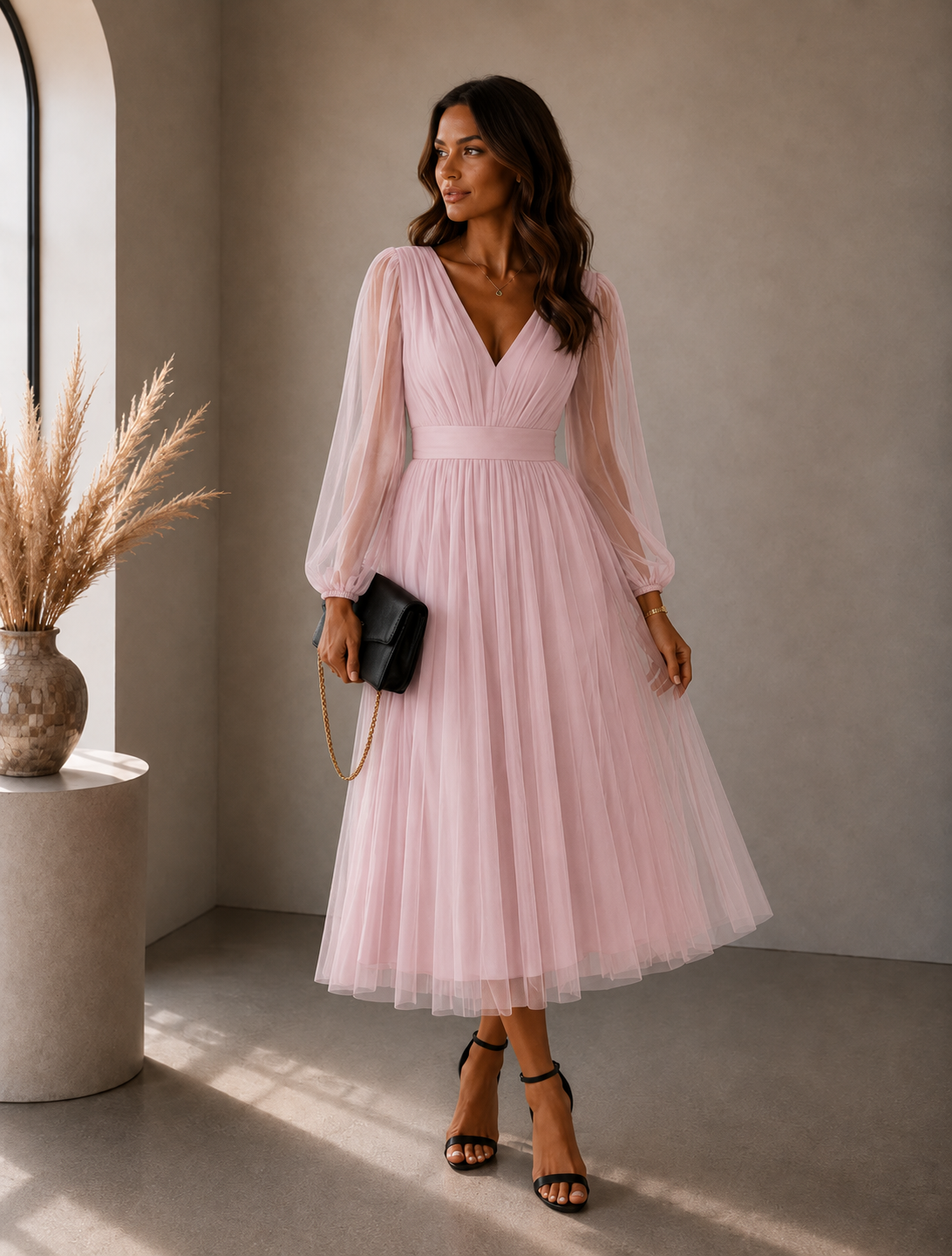 Lunoria | Elegante Tule Midi Jurk met Transparante Mouwen
