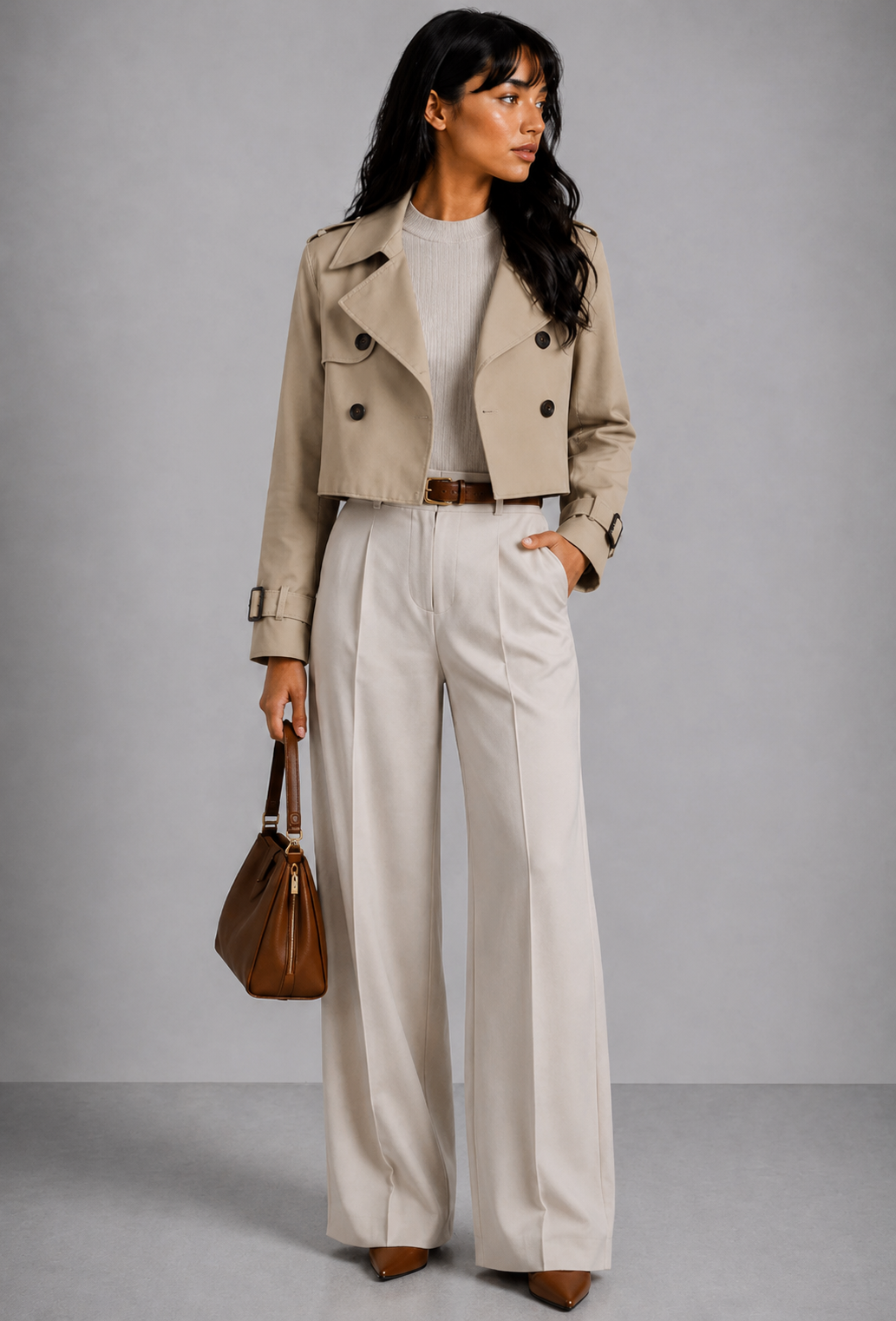 Lunoria | Cropped Trenchcoat met Dubbele Knopen en Brede Kraag