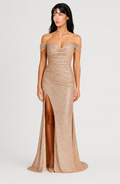 Lunoria | Glitter Maxi Jurk met Split en Off-Shoulder
