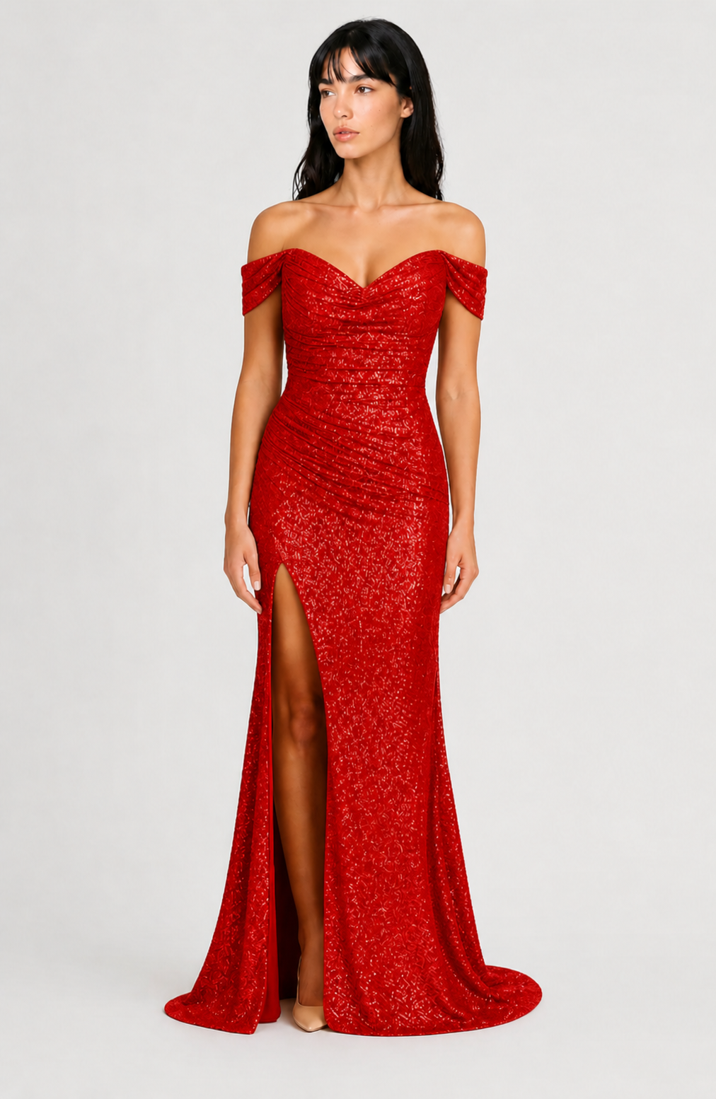Lunoria | Glitter Maxi Jurk met Split en Off-Shoulder