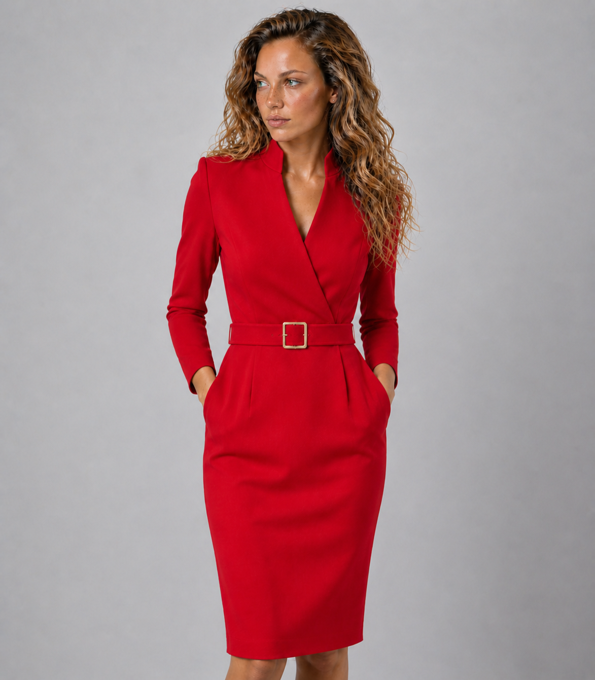 Lunoria | Midi Blazer Jurk met Ceintuur en V-Hals