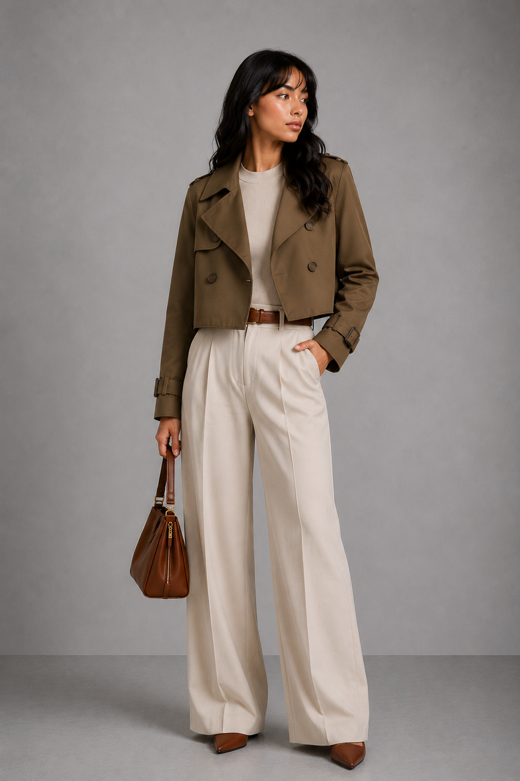 Lunoria | Cropped Trenchcoat met Dubbele Knopen en Brede Kraag