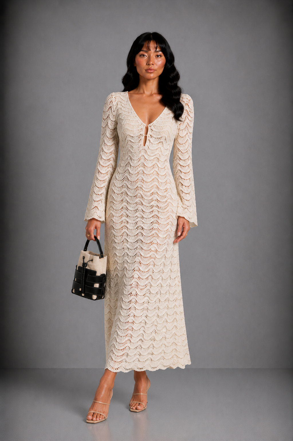 Lunoria | Witte Doorschijnende Maxi Cover-Up Jurk met Cut-Out Details
