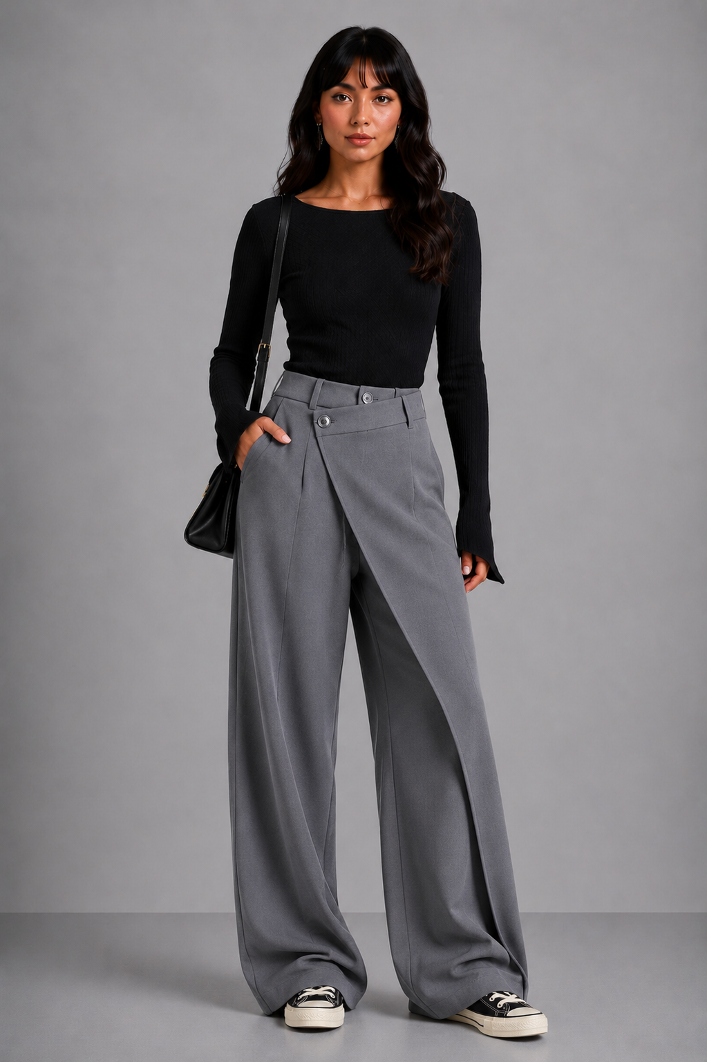 Lunoria | Wijde Broek met Elastische Taille en Elegant Overslagdetail