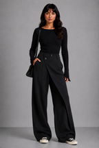 Lunoria | Wijde Broek met Elastische Taille en Elegant Overslagdetail
