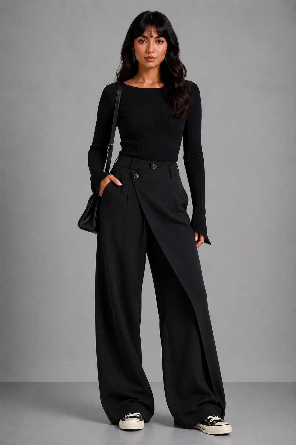 Lunoria | Wijde Broek met Elastische Taille en Elegant Overslagdetail