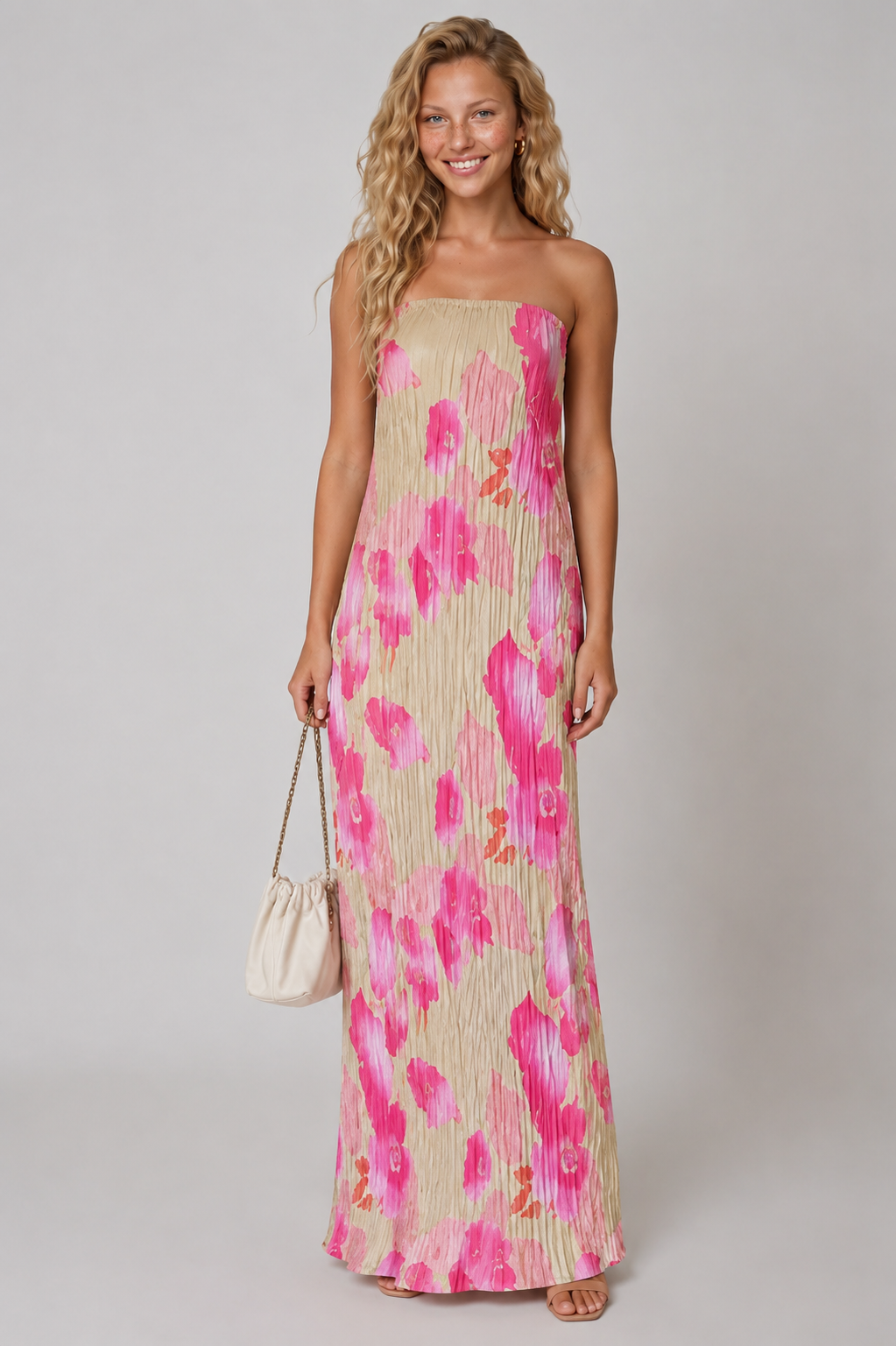 Lunoria | Strapless Plissé Maxijurk met Bloemenprint