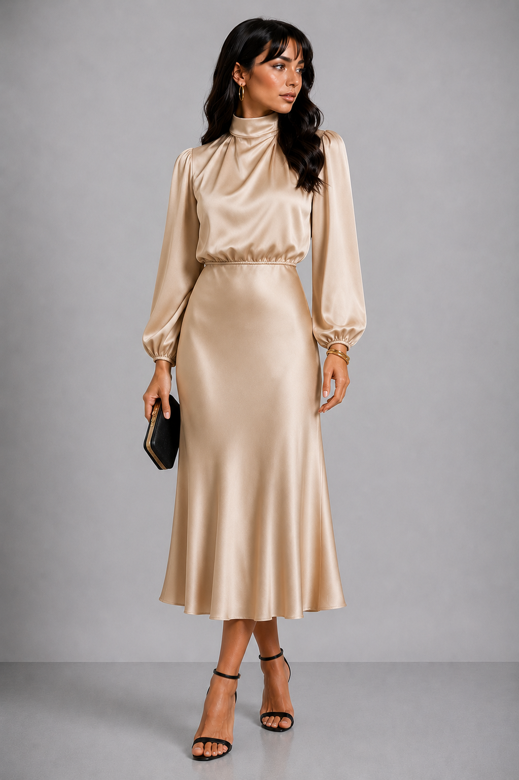 Lunoria | Midi Jurk met Hoge Hals en Elegante Pasvorm