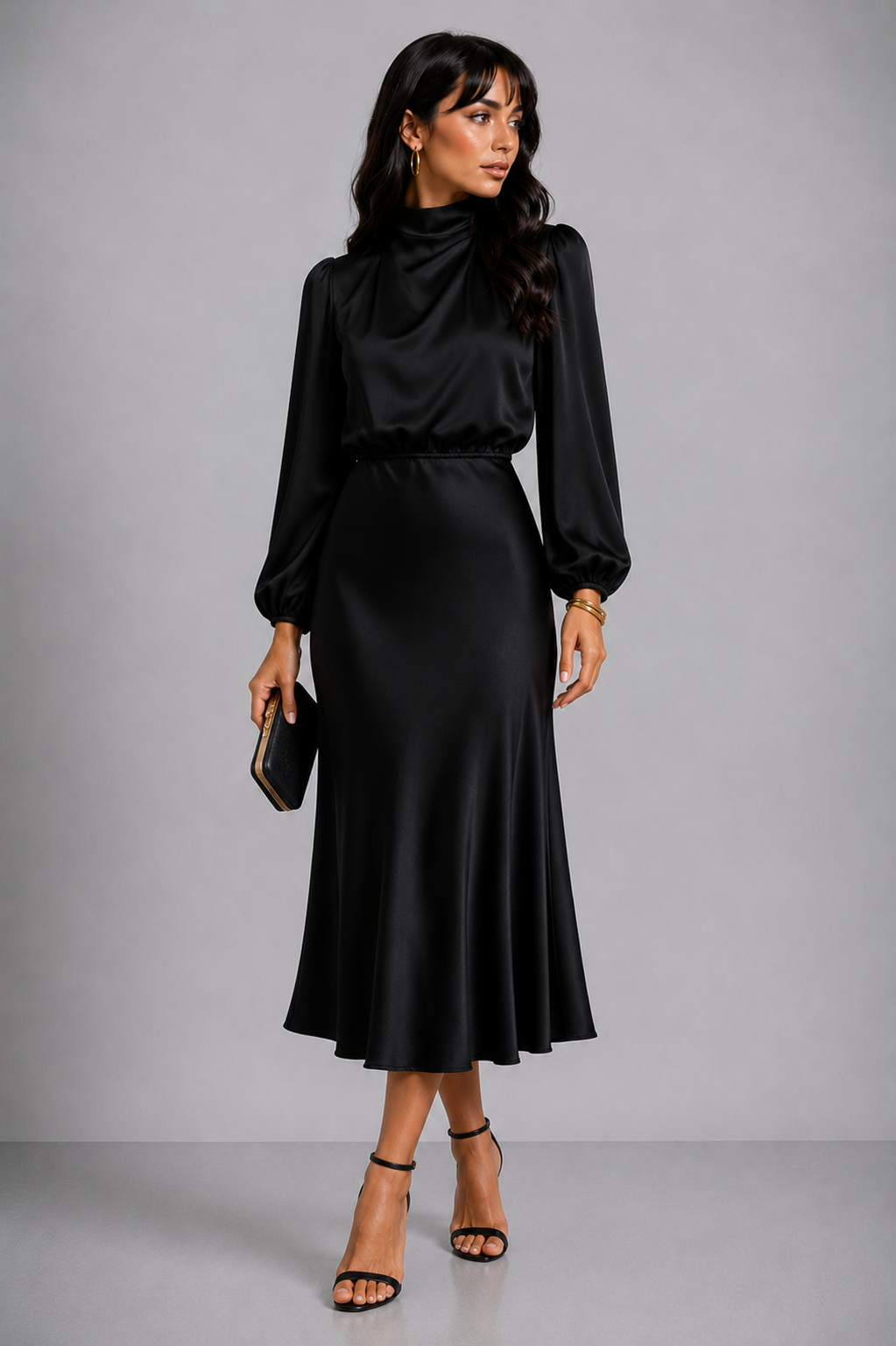 Lunoria | Midi Jurk met Hoge Hals en Elegante Pasvorm