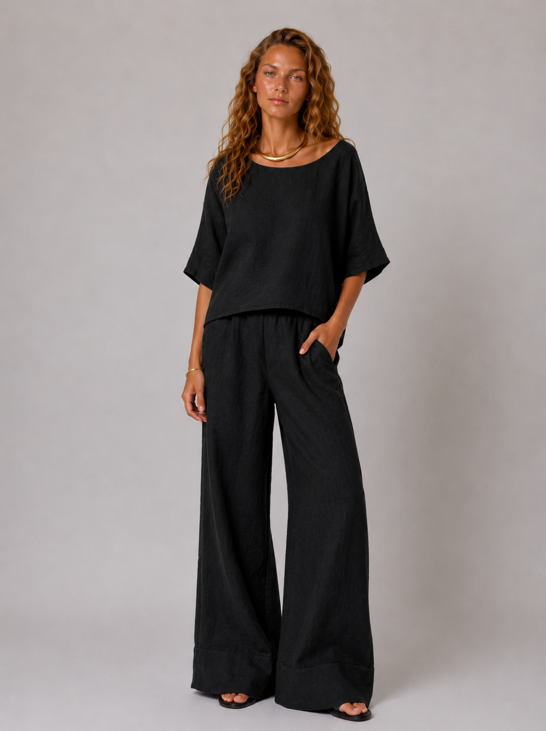 Lunoria | Linnen Set met Cropped Top en Wijde Broek