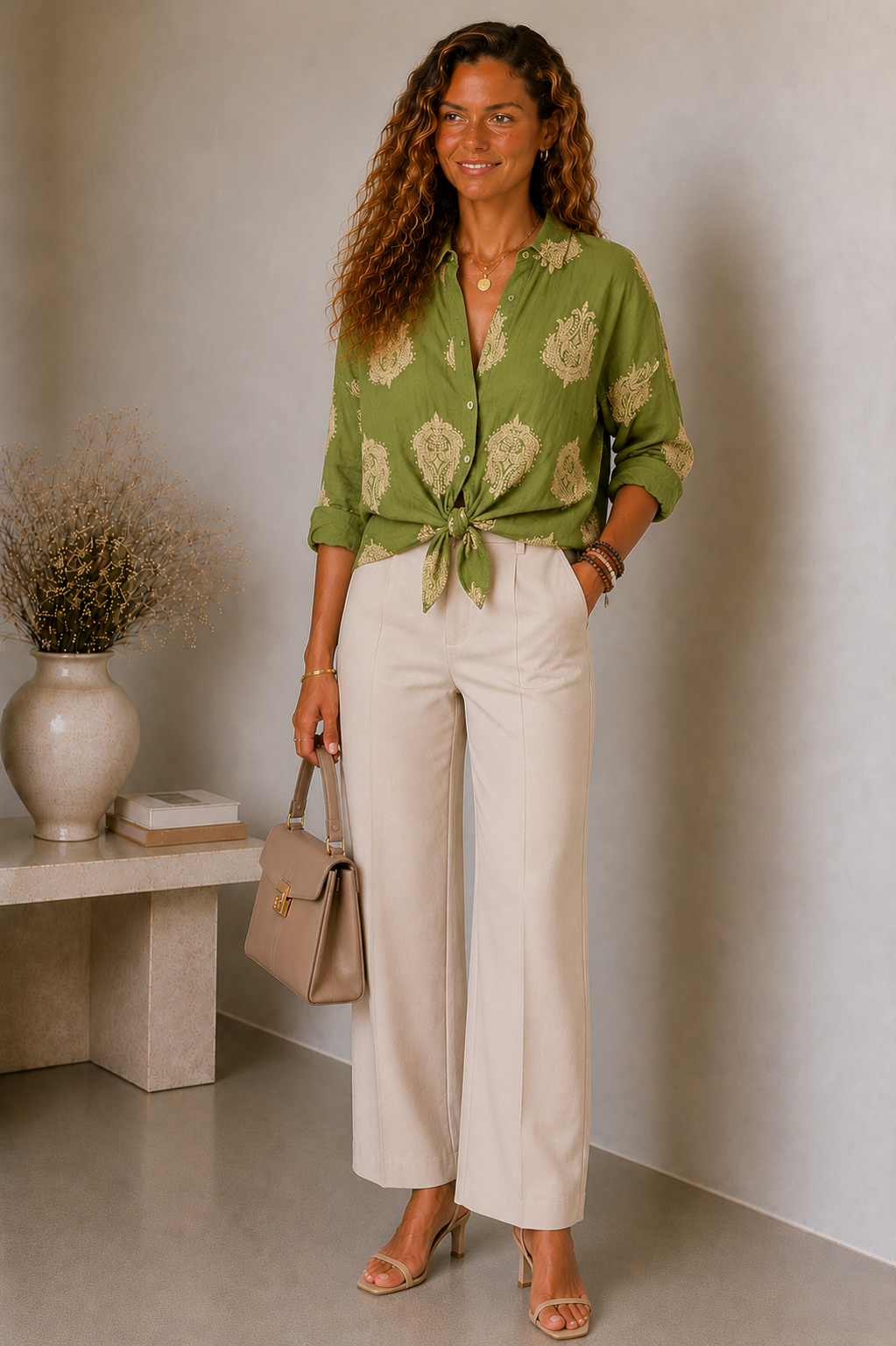 Lunoria | Blouse met Gouden Bladprint en Losvallende Pasvorm